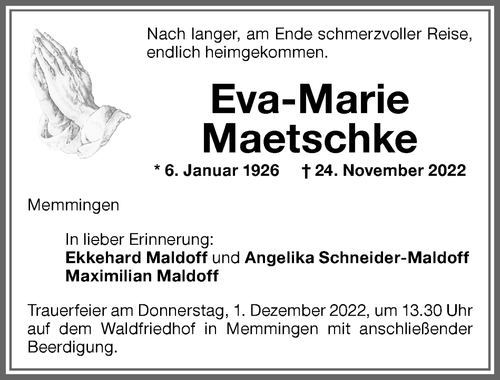  Traueranzeige für Eva-Marie Maetschke vom 29.11.2022 aus Memminger Zeitung