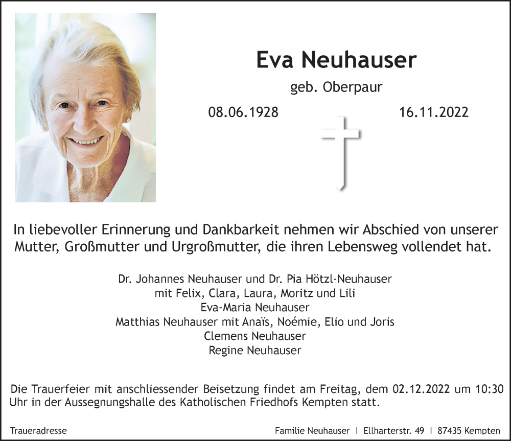  Traueranzeige für Eva Neuhauser vom 26.11.2022 aus Allgäuer Zeitung,Kempten