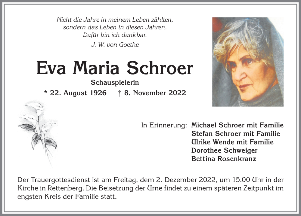  Traueranzeige für Eva Maria Schroer vom 26.11.2022 aus Allgäuer Anzeigeblatt