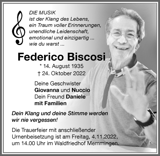 Traueranzeige von Federico Biscosi von Memminger Zeitung