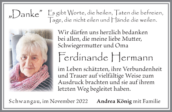 Traueranzeige von Ferdinande Hermann von Allgäuer Zeitung, Füssen