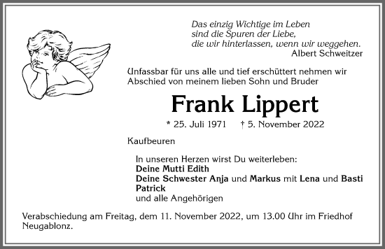 Traueranzeige von Frank Lippert von Allgäuer Zeitung, Kaufbeuren/Buchloe