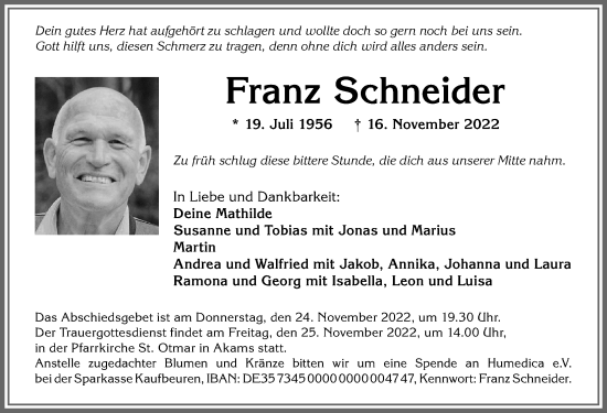 Traueranzeige von Franz Schneider von Allgäuer Anzeigeblatt
