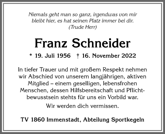 Traueranzeige von Franz Schneider von Allgäuer Anzeigeblatt