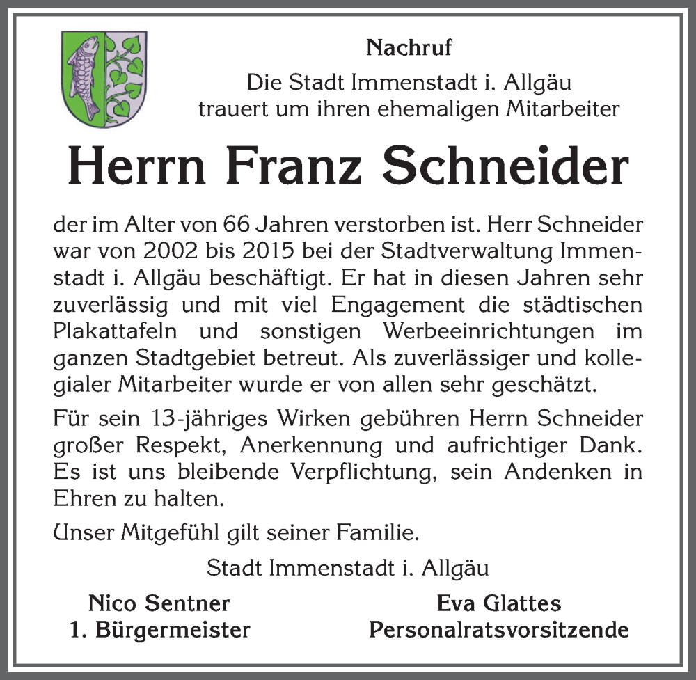  Traueranzeige für Franz Schneider vom 26.11.2022 aus Allgäuer Anzeigeblatt