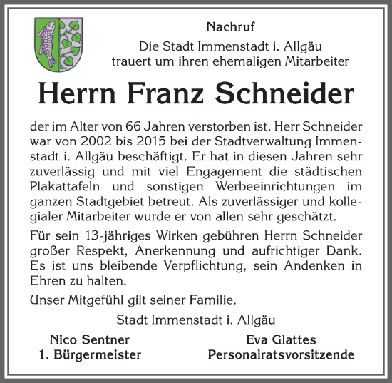 Traueranzeige von Franz Schneider von Allgäuer Anzeigeblatt