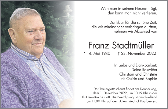 Traueranzeige von Franz Stadtmüller von Allgäuer Zeitung, Kaufbeuren/Buchloe
