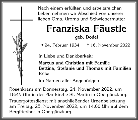 Traueranzeige von Franziska Fäustle von Allgäuer Zeitung, Marktoberdorf