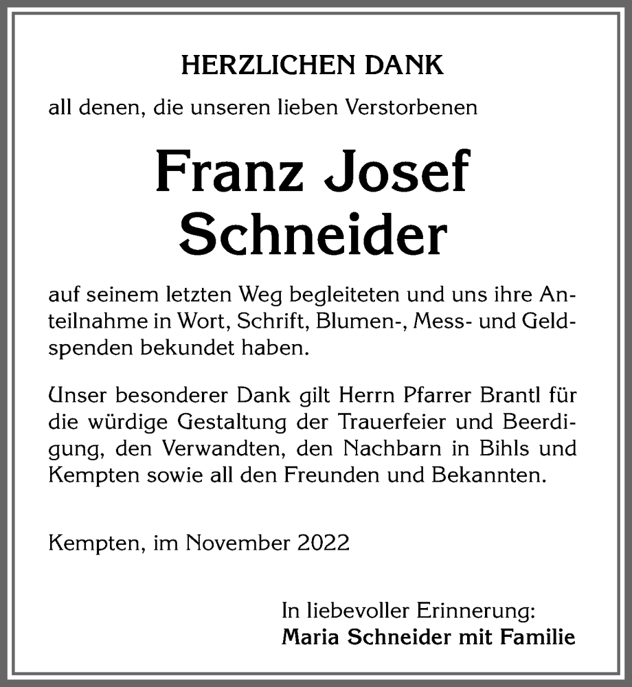  Traueranzeige für Franz Josef Schneider vom 19.11.2022 aus Allgäuer Zeitung,Kempten