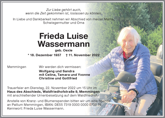 Traueranzeige von Frieda Luise Wassermann von Memminger Zeitung
