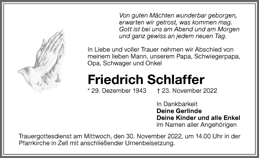  Traueranzeige für Friedrich Schlaffer vom 26.11.2022 aus Memminger Zeitung
