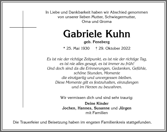 Traueranzeige von Gabriele Kuhn von Allgäuer Zeitung,Kempten