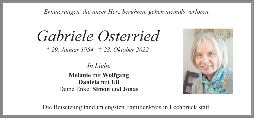  Traueranzeige für Gabriele Osterried vom 05.11.2022 aus Allgäuer Zeitung, Füssen