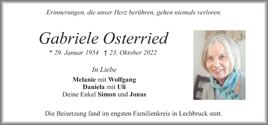 Traueranzeige von Gabriele Osterried von Allgäuer Zeitung, Füssen