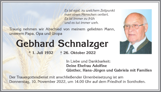 Traueranzeige von Gebhard Schnalzger von Allgäuer Anzeigeblatt