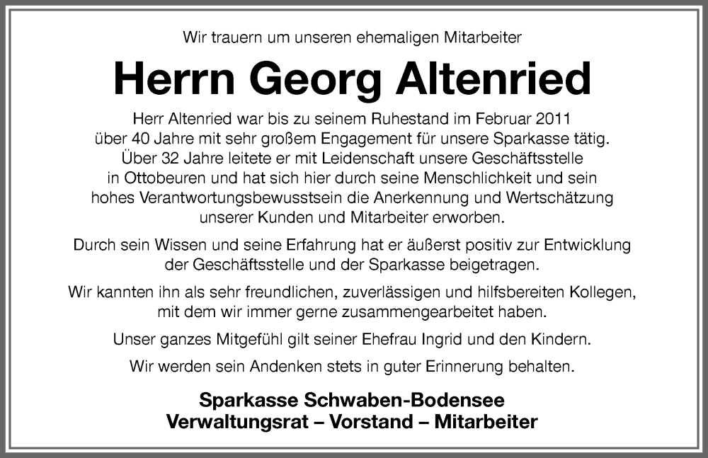  Traueranzeige für Georg Altenried vom 29.11.2022 aus Memminger Zeitung