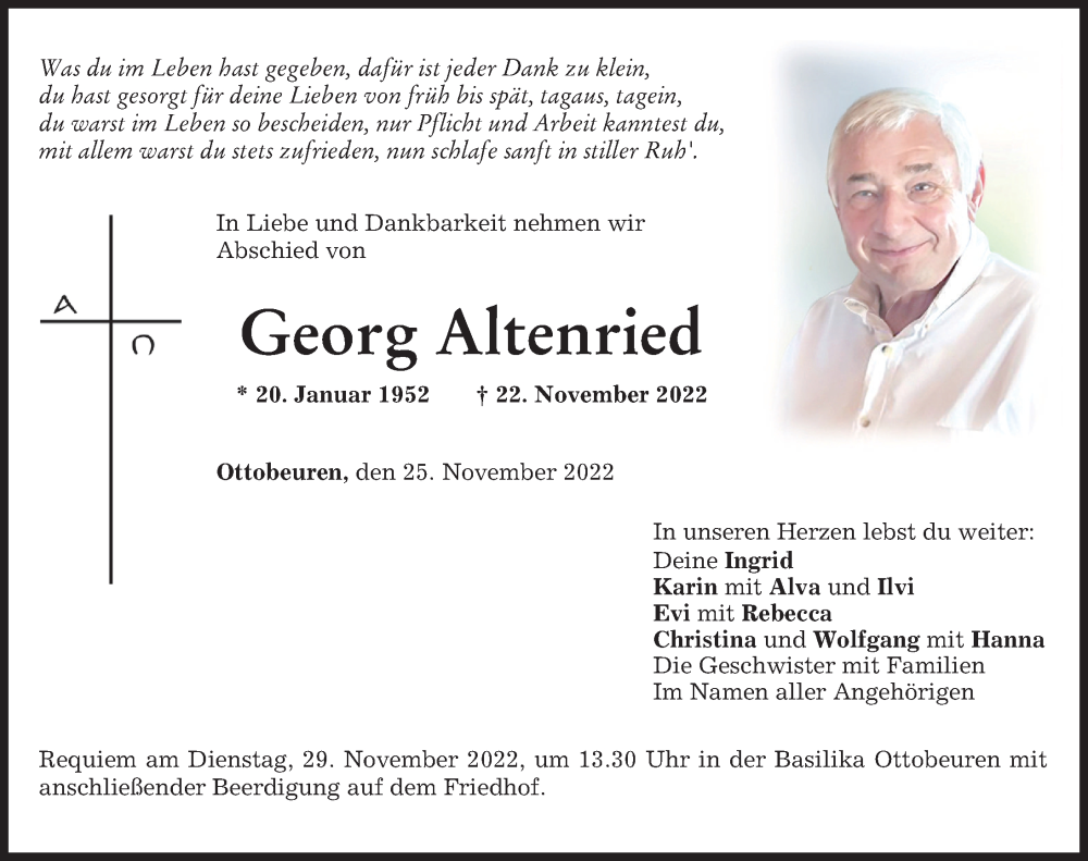  Traueranzeige für Georg Altenried vom 25.11.2022 aus Memminger Zeitung