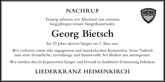 Traueranzeige von Georg Bietsch von Der Westallgäuer