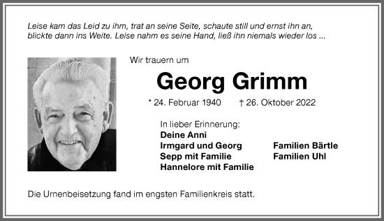 Traueranzeige von Georg Grimm von Memminger Zeitung