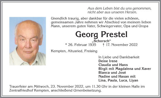 Traueranzeige von Georg Prestel von Allgäuer Zeitung,Kempten