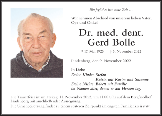 Traueranzeige von Gerd Bolle von Der Westallgäuer