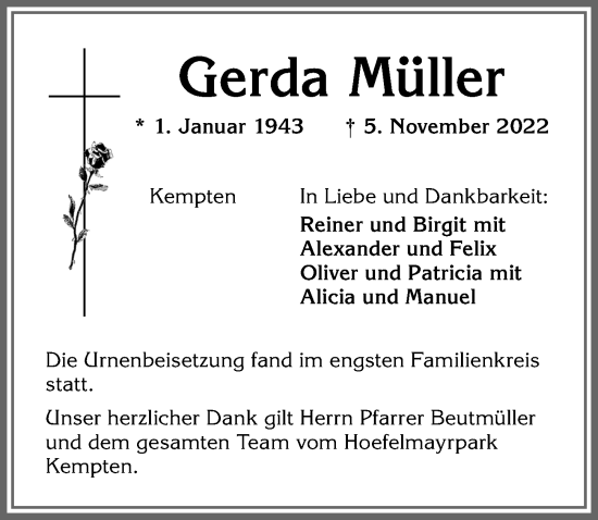 Traueranzeige von Gerda Müller von Allgäuer Zeitung,Kempten
