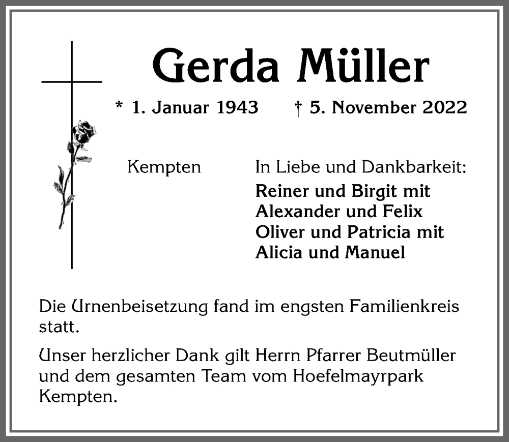  Traueranzeige für Gerda Müller vom 26.11.2022 aus Allgäuer Zeitung,Kempten