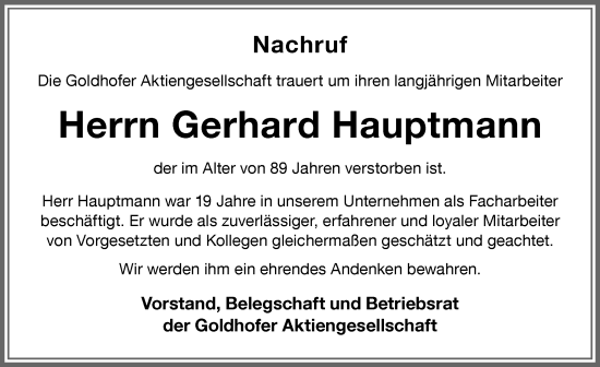 Traueranzeige von Gerhard Hauptmann von Memminger Zeitung
