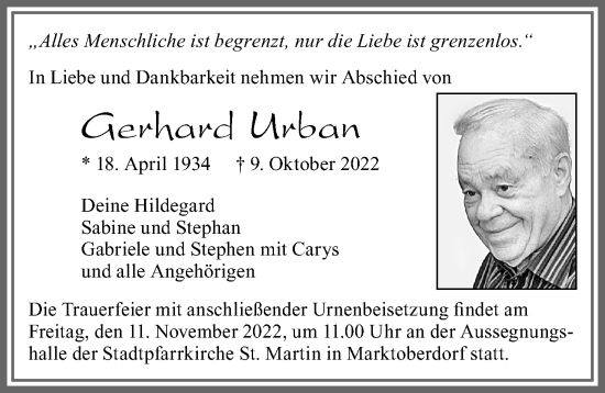 Traueranzeige von Gerhard Urban von Allgäuer Zeitung, Marktoberdorf