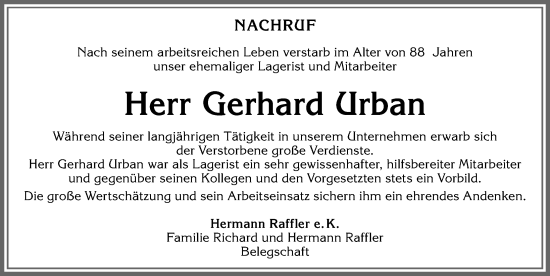 Traueranzeige von Gerhard Urban von Allgäuer Zeitung, Marktoberdorf