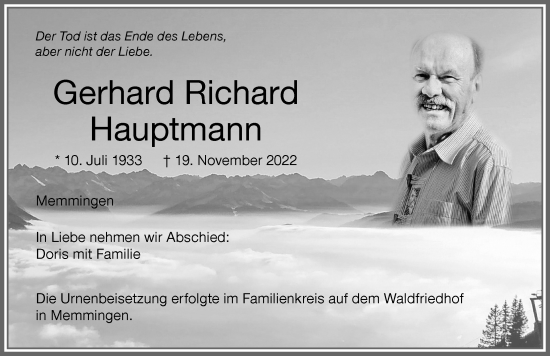 Traueranzeige von Gerhard Richard Hauptmann von Memminger Zeitung
