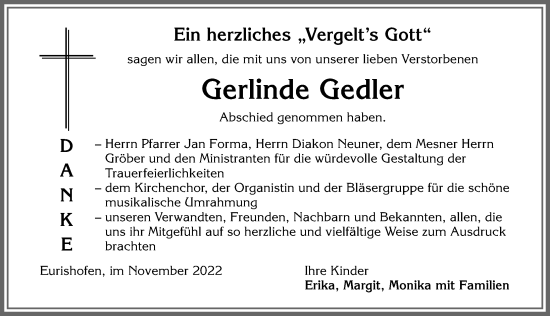 Traueranzeige von Gerlinde Gedler von Allgäuer Zeitung, Kaufbeuren/Buchloe