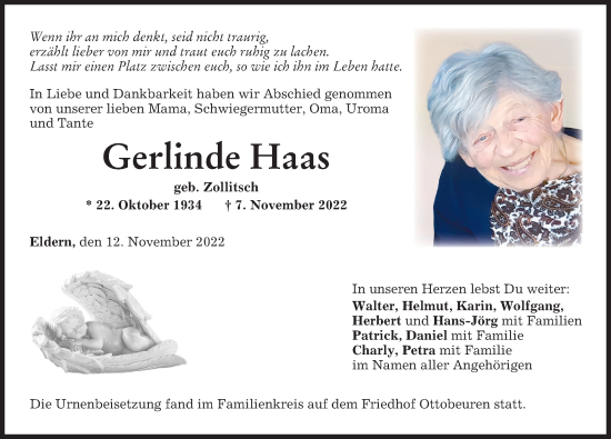 Traueranzeige von Gerlinde Haas von Memminger Zeitung