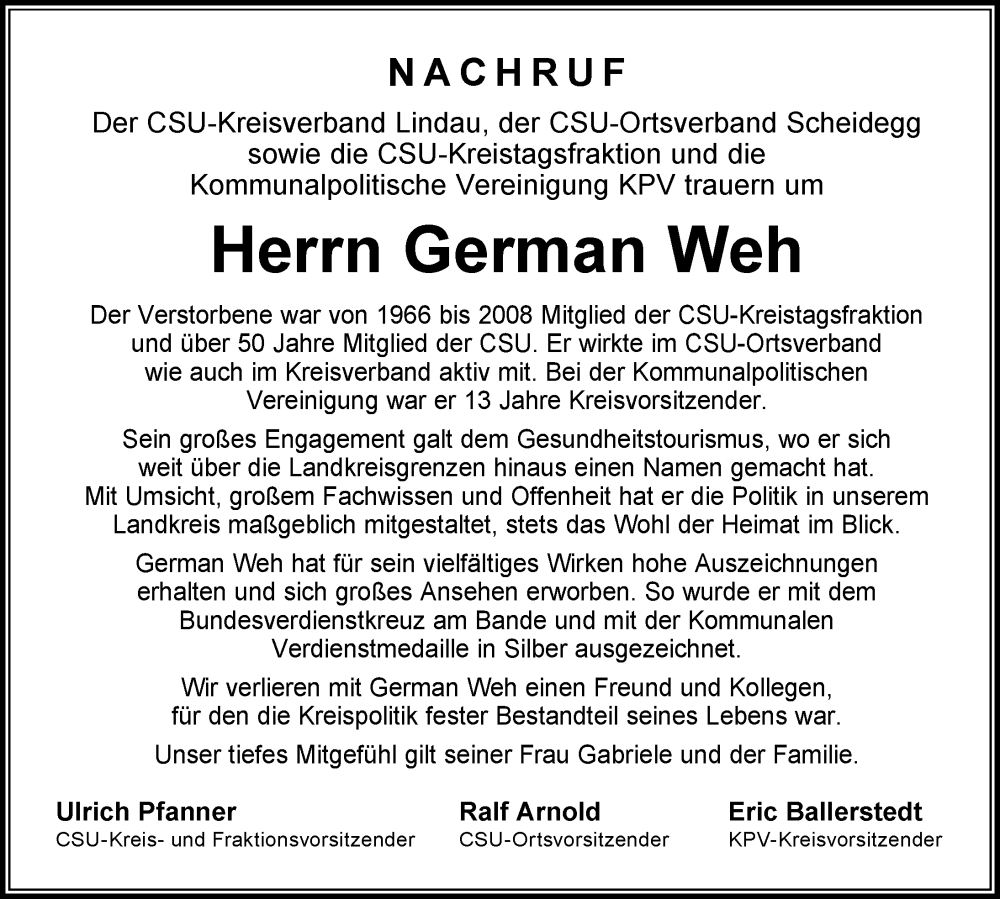 Traueranzeige für German Weh vom 23.11.2022 aus Der Westallgäuer
