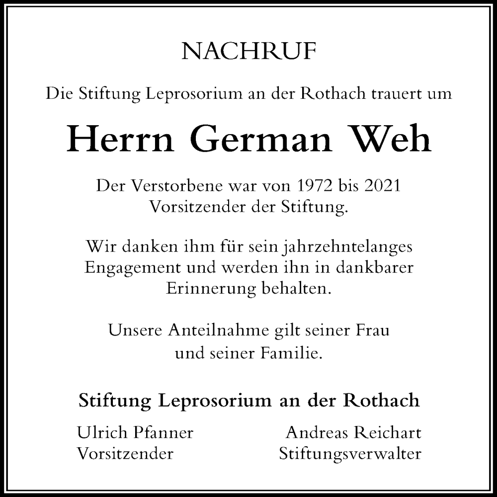  Traueranzeige für German Weh vom 24.11.2022 aus Der Westallgäuer