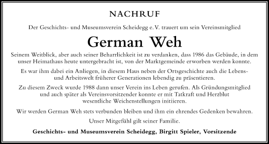 Traueranzeige von German Weh von Der Westallgäuer