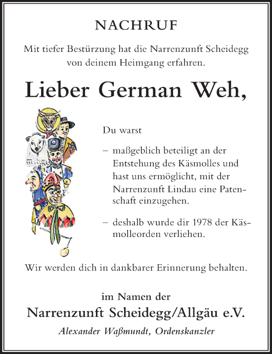 Traueranzeige von German Weh von Der Westallgäuer