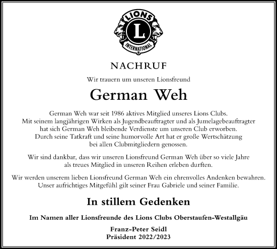 Traueranzeige von German Weh von Der Westallgäuer