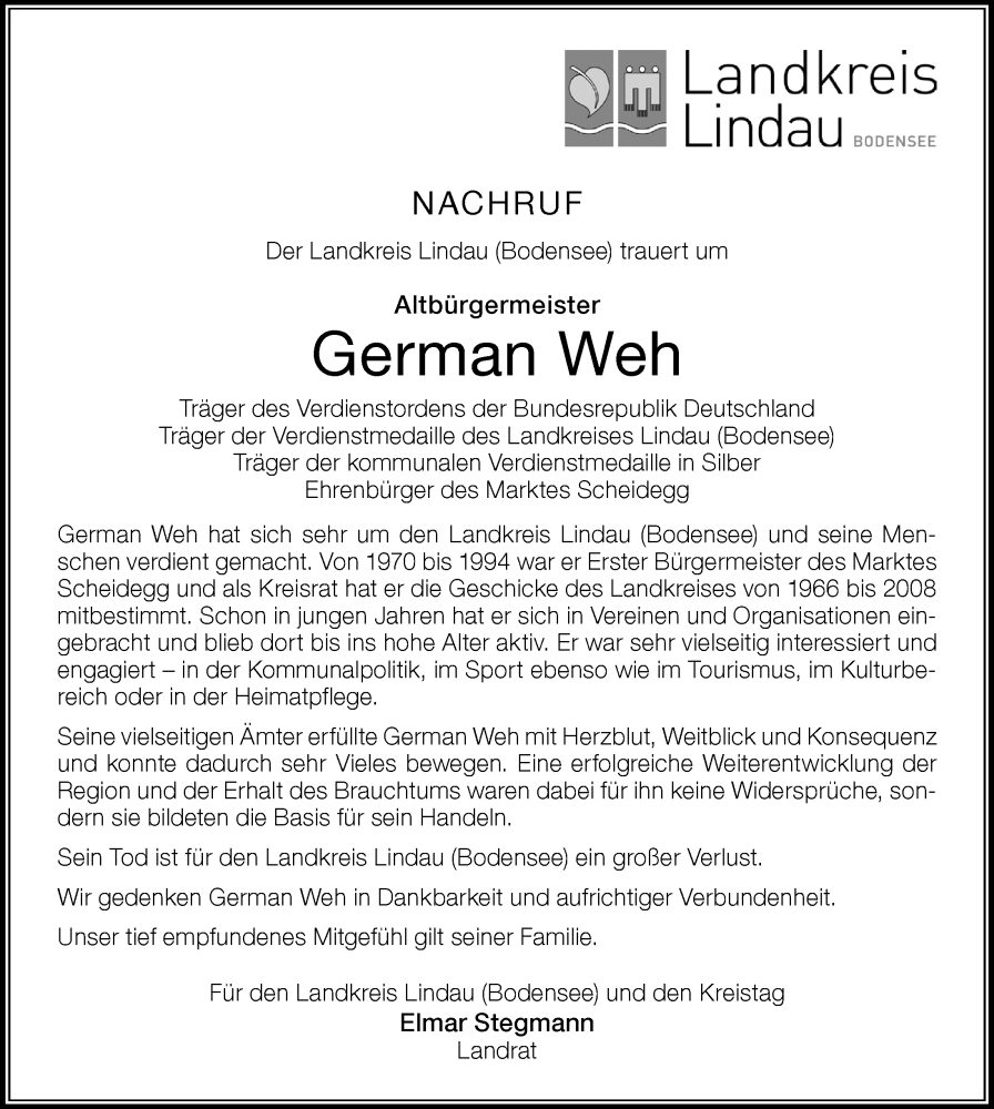  Traueranzeige für German Weh vom 24.11.2022 aus Der Westallgäuer