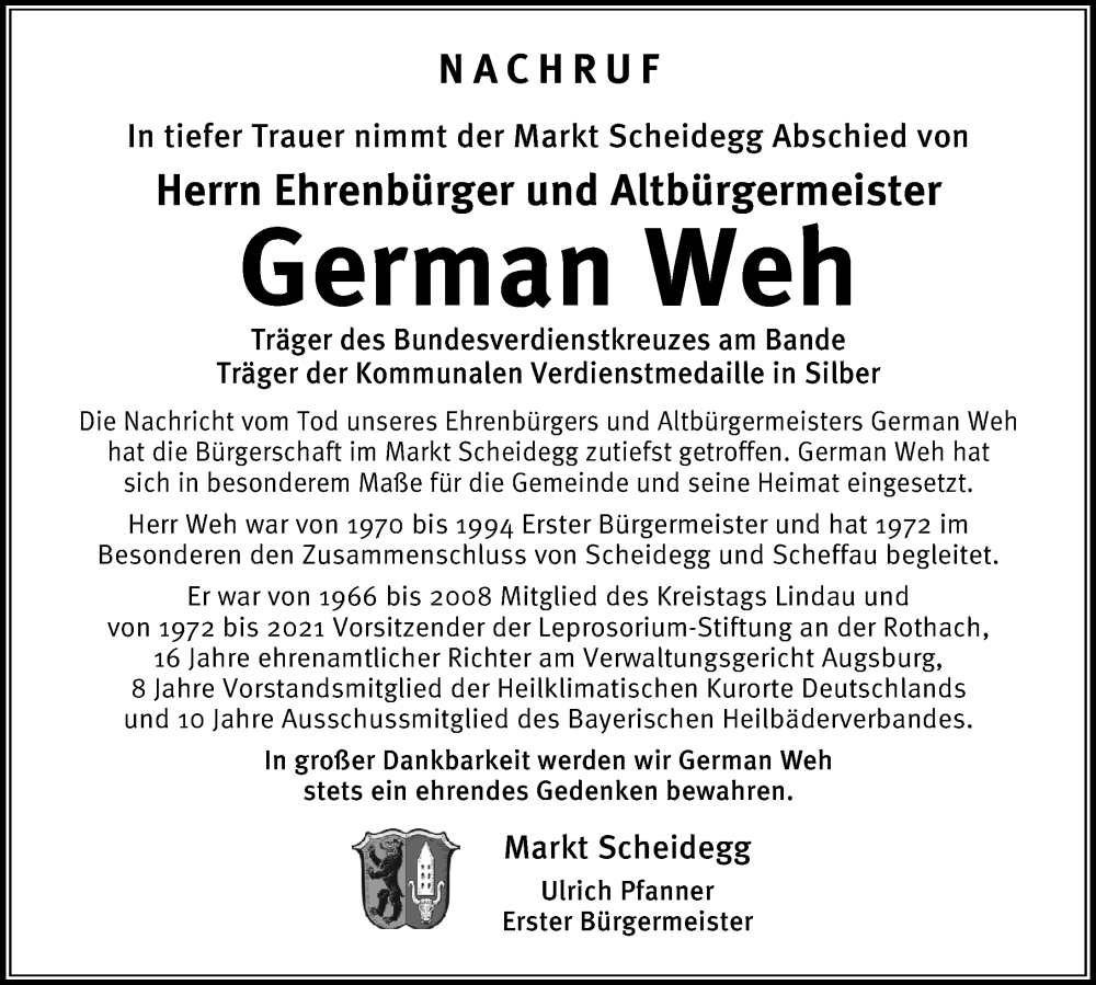  Traueranzeige für German Weh vom 23.11.2022 aus Der Westallgäuer