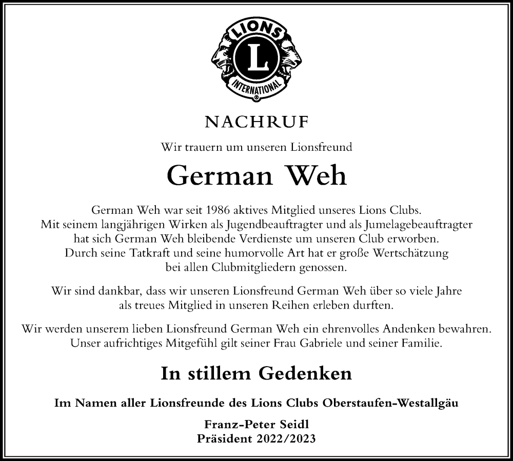  Traueranzeige für German Weh vom 25.11.2022 aus Der Westallgäuer