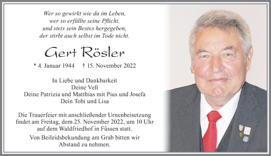 Traueranzeige von Gert Rösler von Allgäuer Zeitung, Füssen
