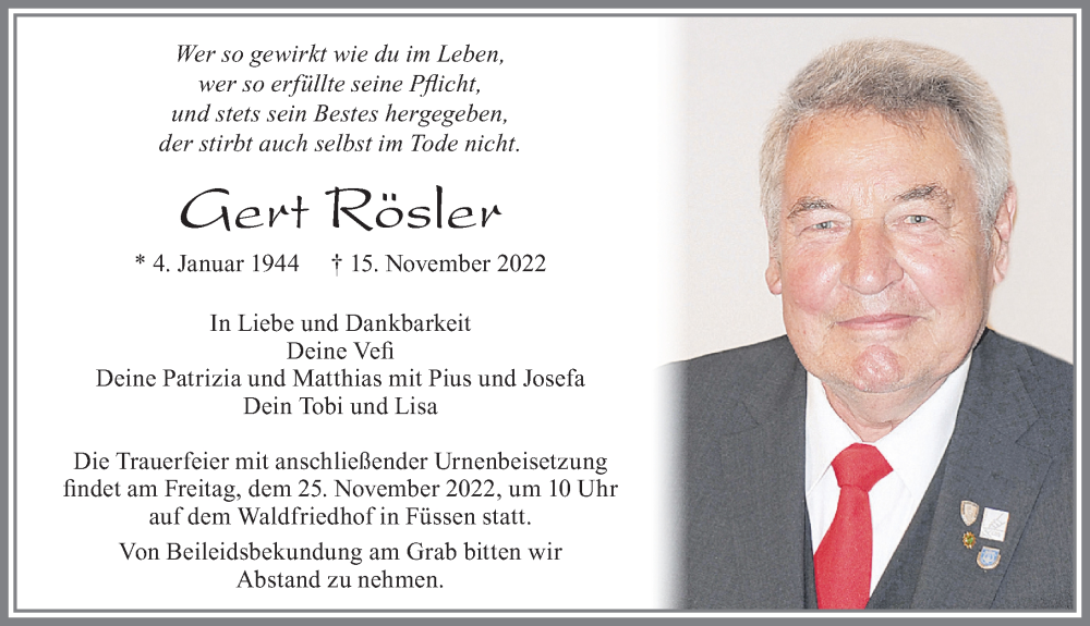  Traueranzeige für Gert Rösler vom 22.11.2022 aus Allgäuer Zeitung, Füssen