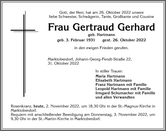 Traueranzeige von Gertraud Gerhard von Allgäuer Zeitung, Marktoberdorf