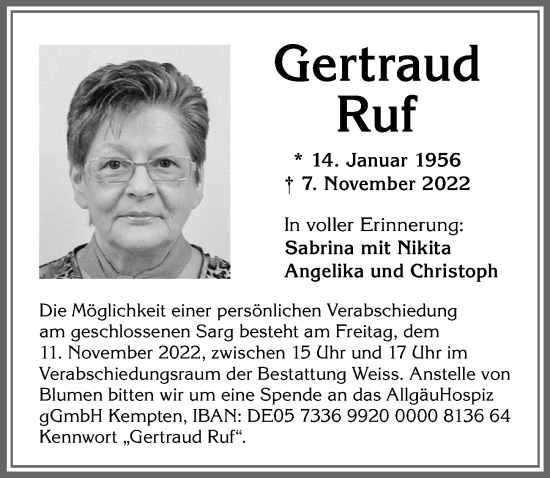 Traueranzeige von Gertraud Ruf von Allgäuer Zeitung,Kempten