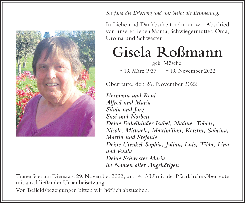  Traueranzeige für Gisela Roßmann vom 26.11.2022 aus Der Westallgäuer