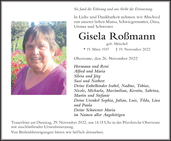 Traueranzeige von Gisela Roßmann von Der Westallgäuer
