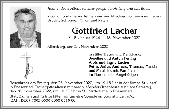 Traueranzeige von Gottfried Lacher von Allgäuer Zeitung, Kaufbeuren/Buchloe