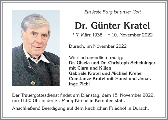 Traueranzeige von Günter Kratel von Allgäuer Zeitung,Kempten