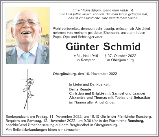 Traueranzeige von Günter Schmid von Allgäuer Zeitung, Marktoberdorf